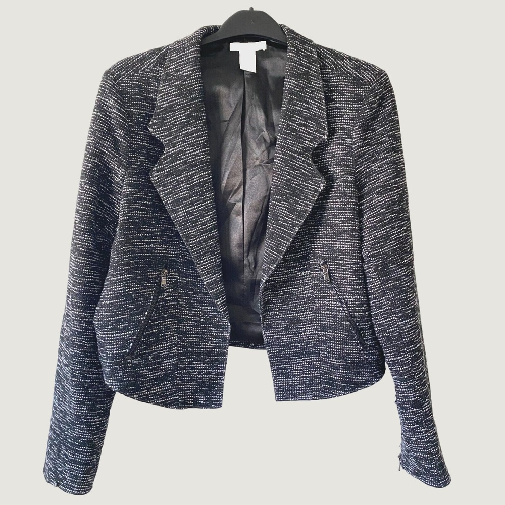 WD-NY Tweed Jacket Women Size L Black White Great Cropped Metallic Moto Blazer